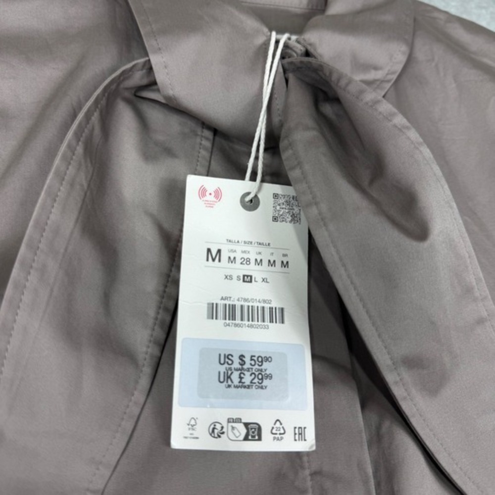 Zara Tie Neck Sleeveless Poplin Blouse Women M Taupe Grey NEW - Picture 4 of 13